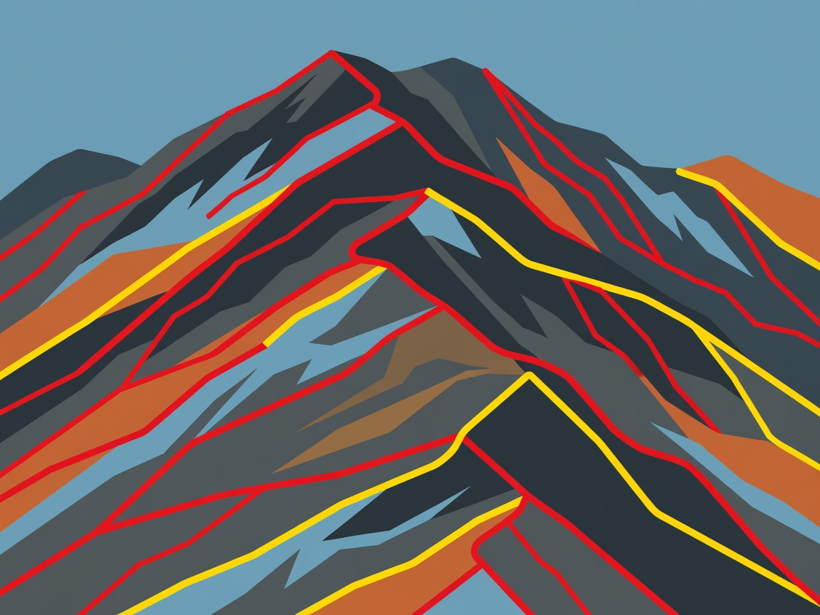 Abstract mountain ridge artwork with layered slopes and route lines