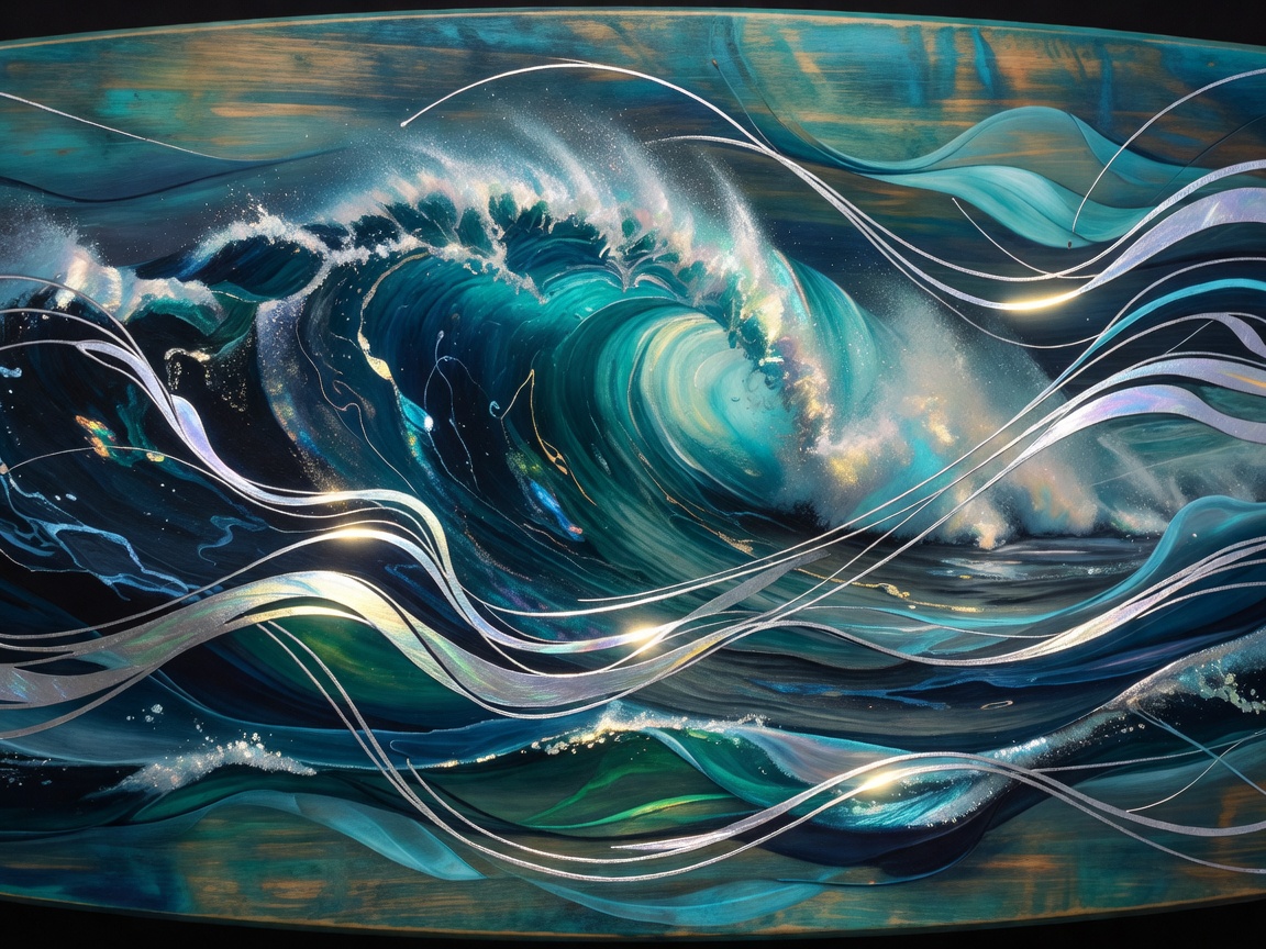 Abstract rolling ocean wave artwork with flowing route marks