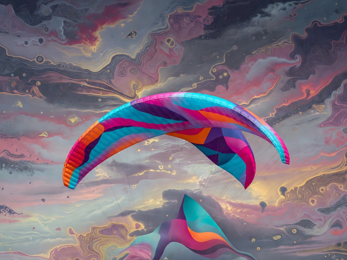 Abstract paraglider wing artwork against a patterned sky