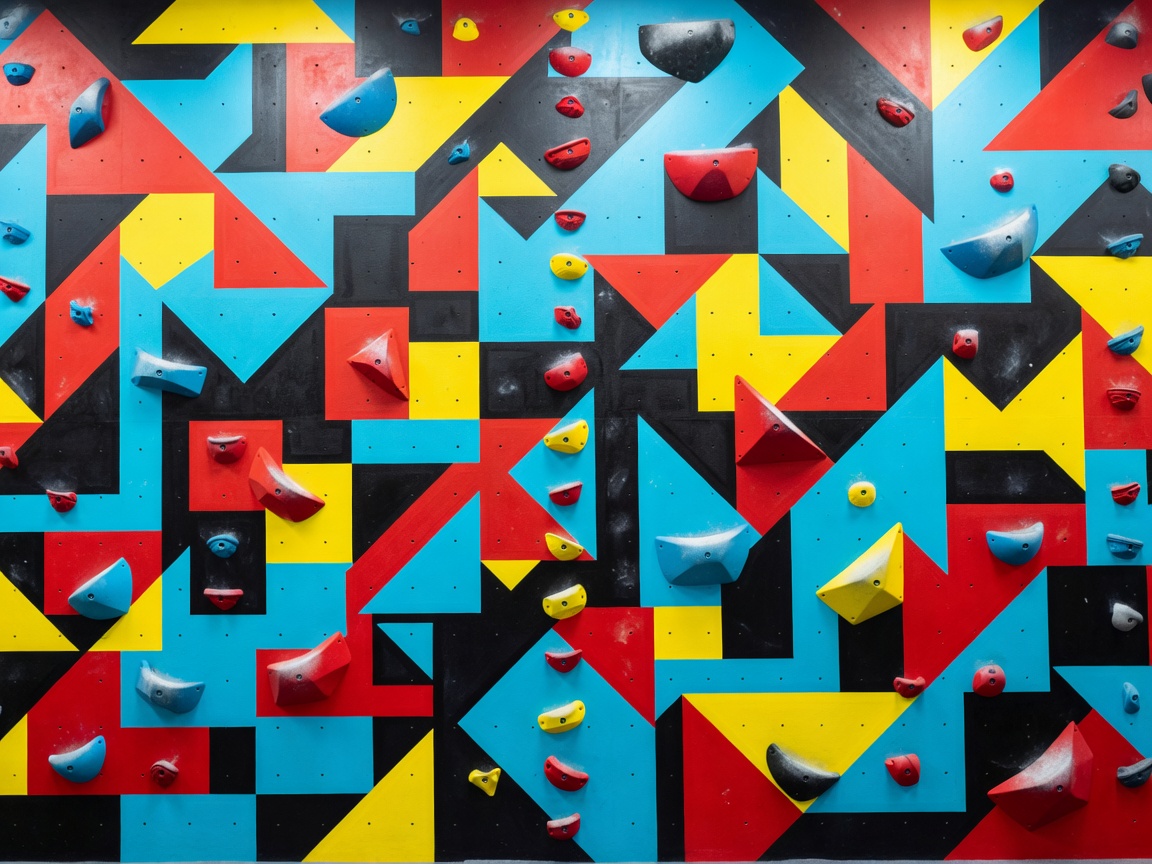 Abstract climbing wall artwork with geometric holds and a vertical route