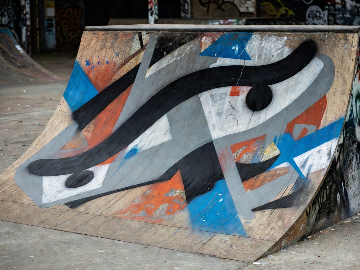 Abstract skate ramp artwork with a curved line suggesting a skateboard jump